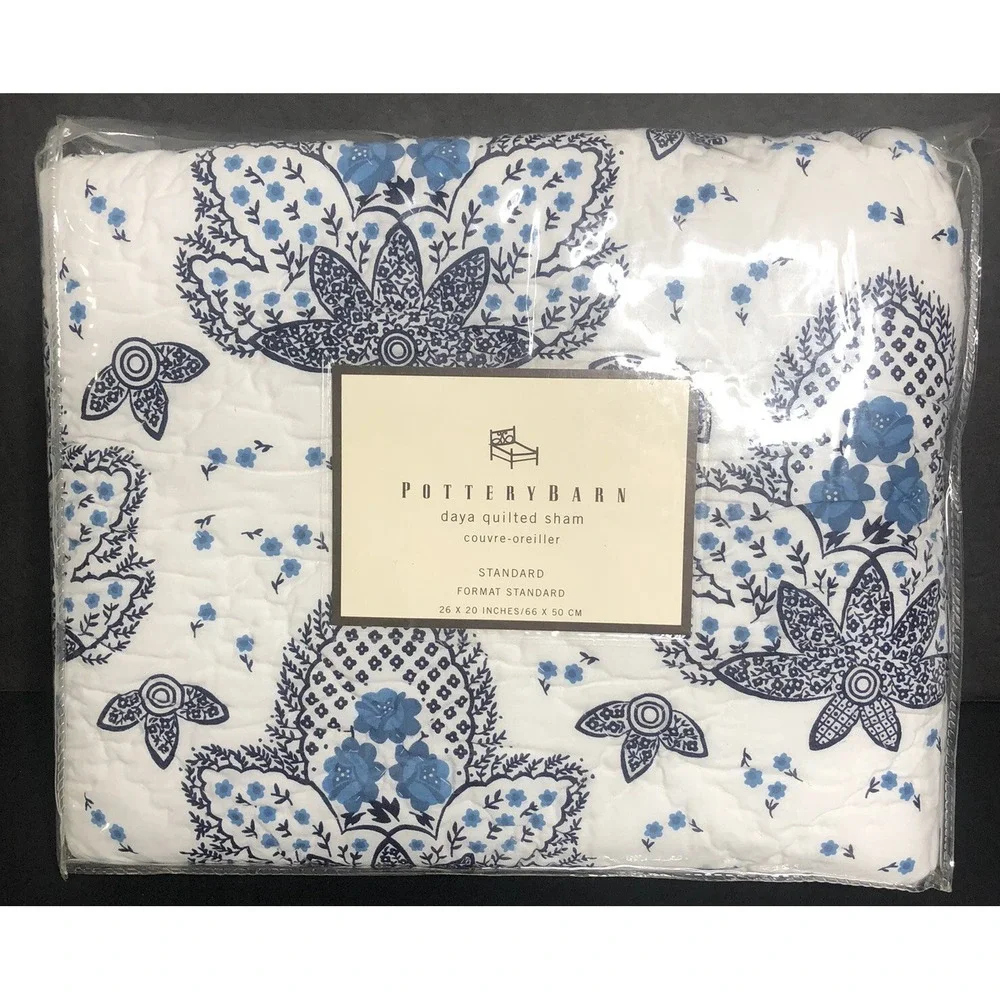 Pottery Barn Daya Quilted Pillow Sham Paisley Blue Standard Size 26 x 20 NEW